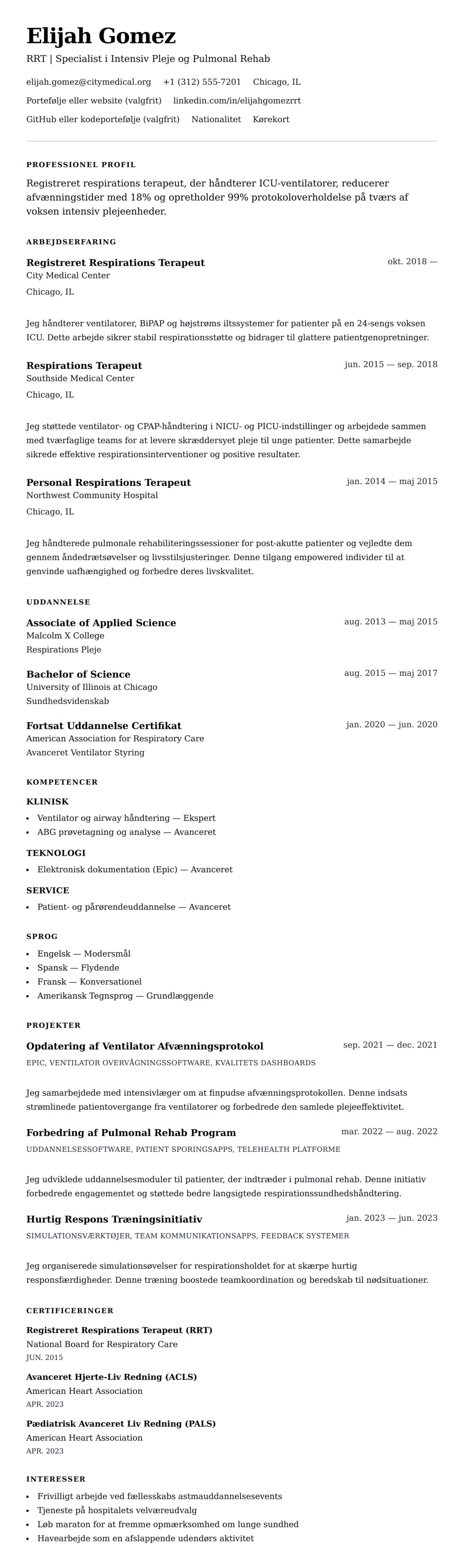 CV-forhåndsvisning for Respirations Terapeut CV Eksempel