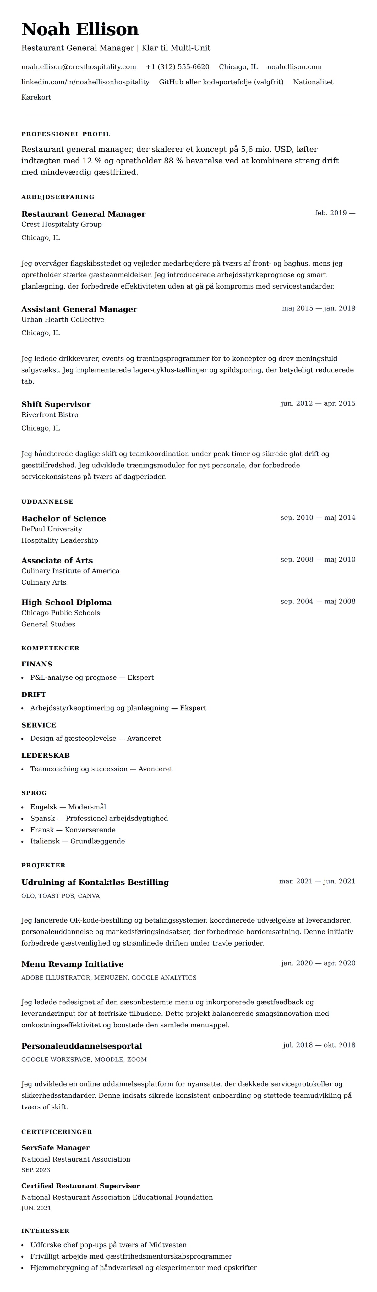 CV-forhåndsvisning for Eksempel på CV for Restaurantleder