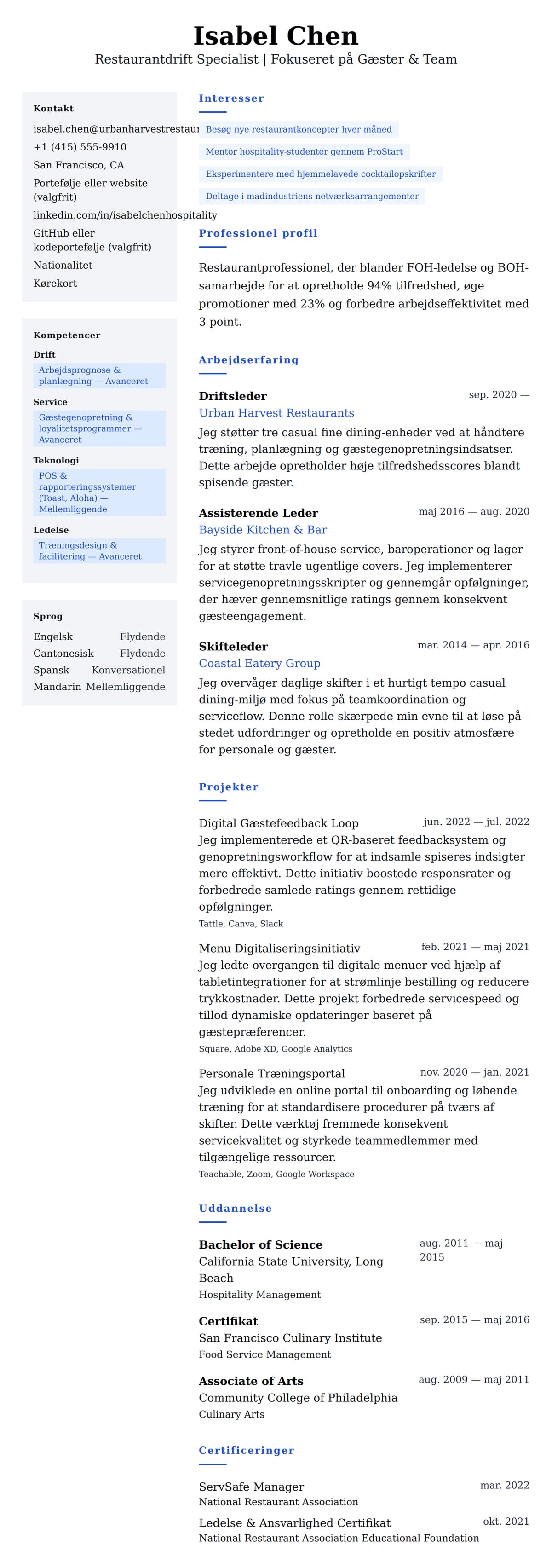 CV-forhåndsvisning for Restaurant Professionel CV Eksempel