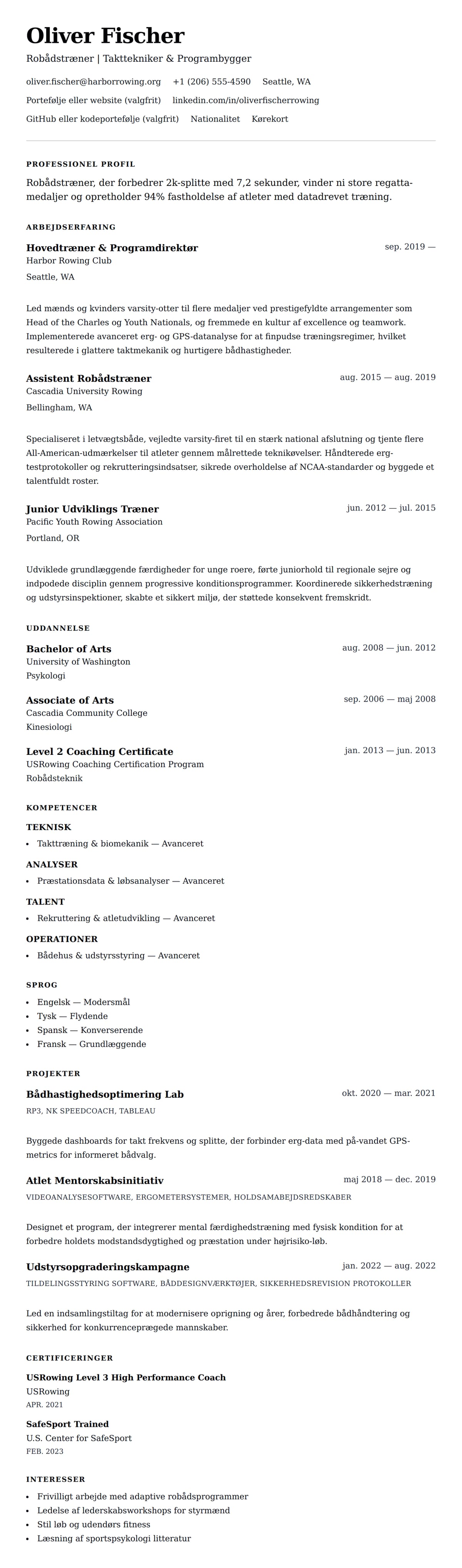 CV-forhåndsvisning for Eksempel på CV for Robådstræner