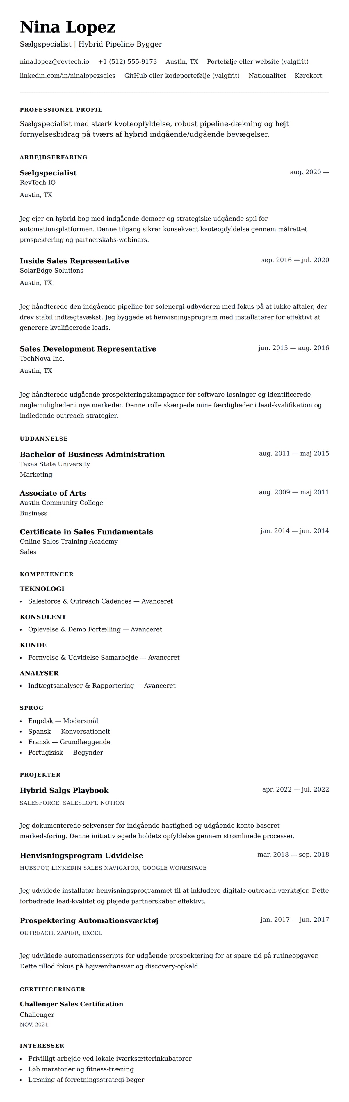 CV-forhåndsvisning for Sælgspecialist CV Eksempel