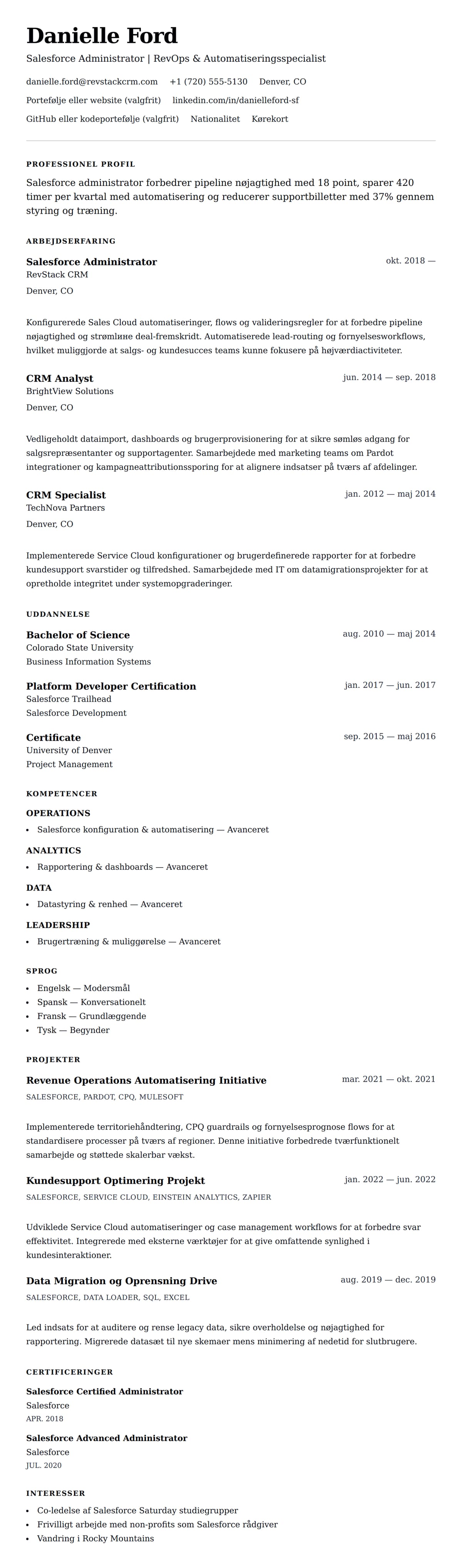 CV-forhåndsvisning for Salesforce Administrator CV Eksempel