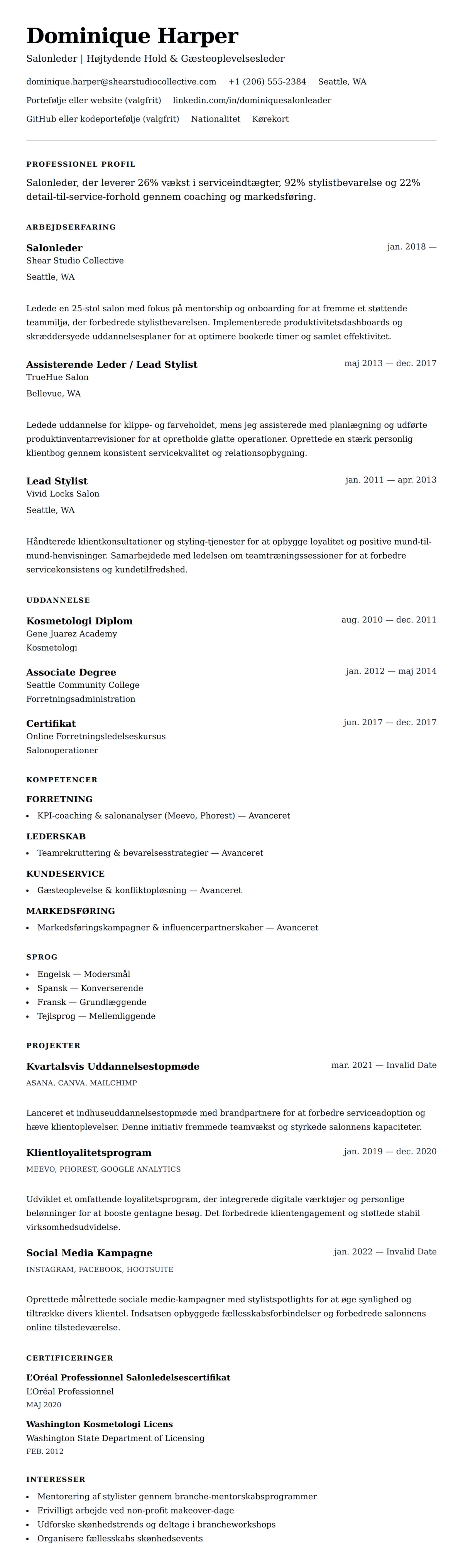 CV-forhåndsvisning for Salonleder CV Eksempel