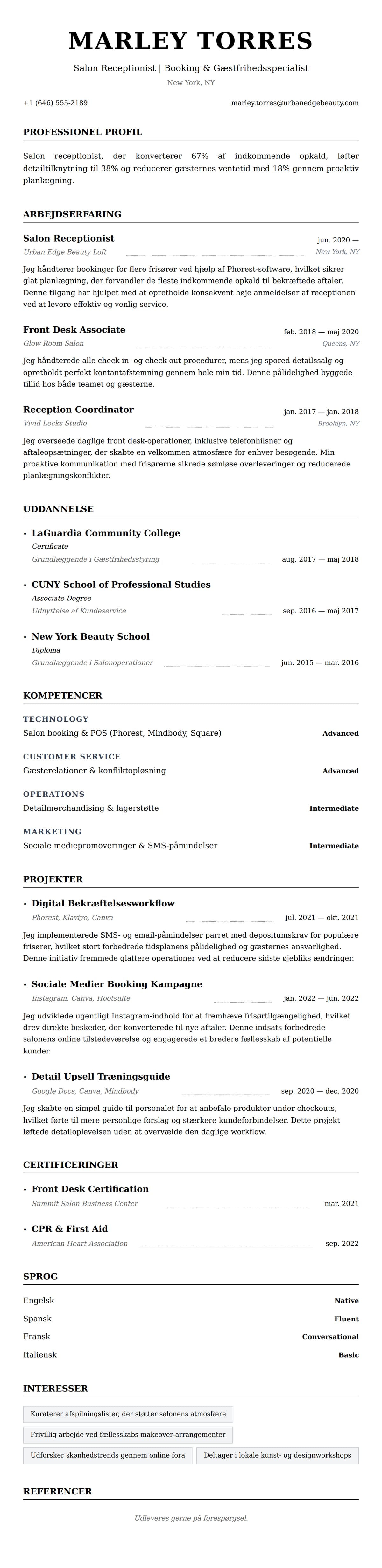 CV-forhåndsvisning for Salon Receptionist CV Eksempel