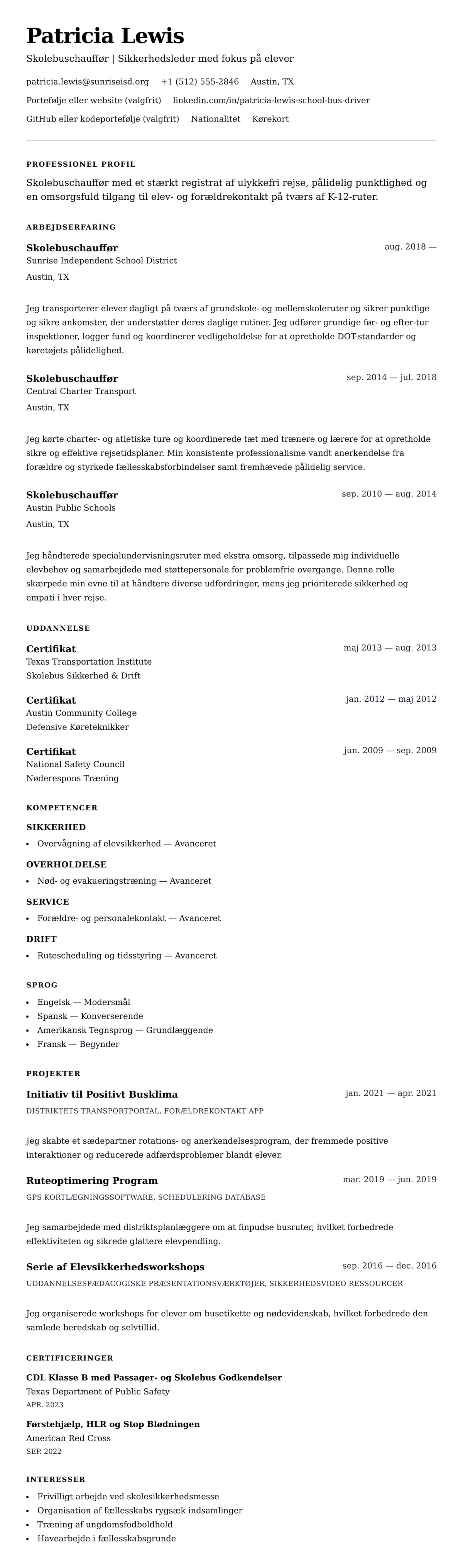 CV-forhåndsvisning for Eksempel på CV for Skolebuschauffør