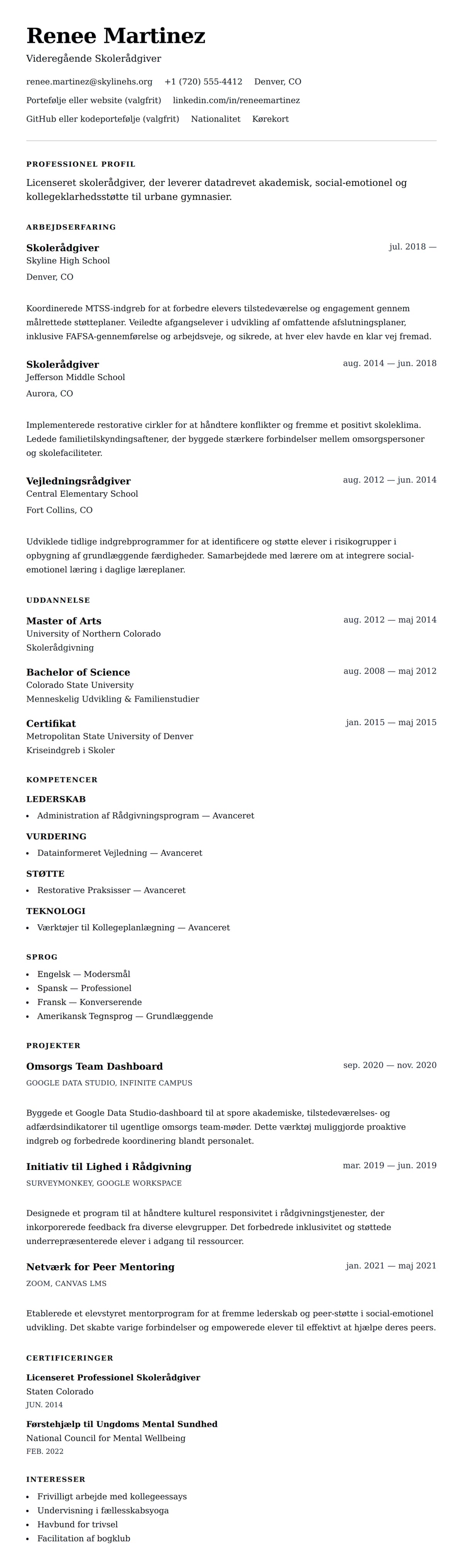 CV-forhåndsvisning for Eksempel på CV for Skolerådgiver