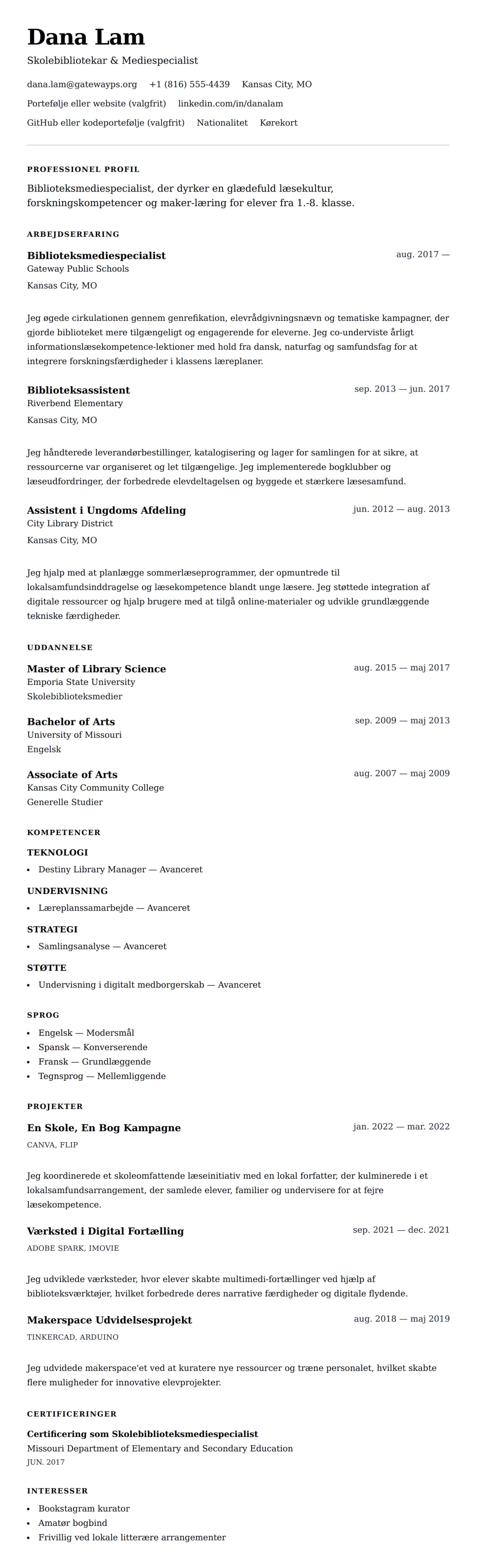 CV-forhåndsvisning for Bibliotekar CV Eksempel