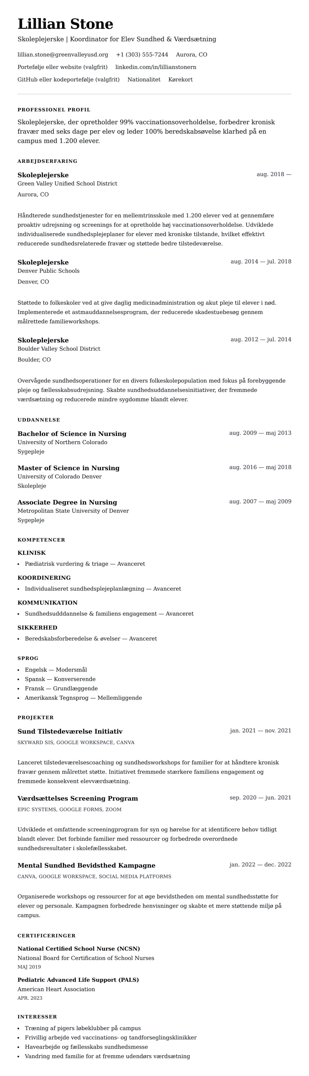 CV-forhåndsvisning for Skoleplejerske CV Eksempel