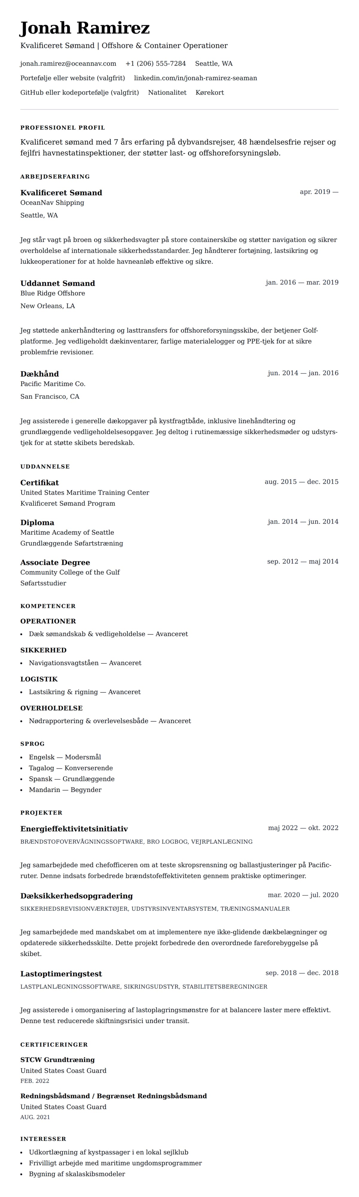 CV-forhåndsvisning for Sømand CV Eksempel