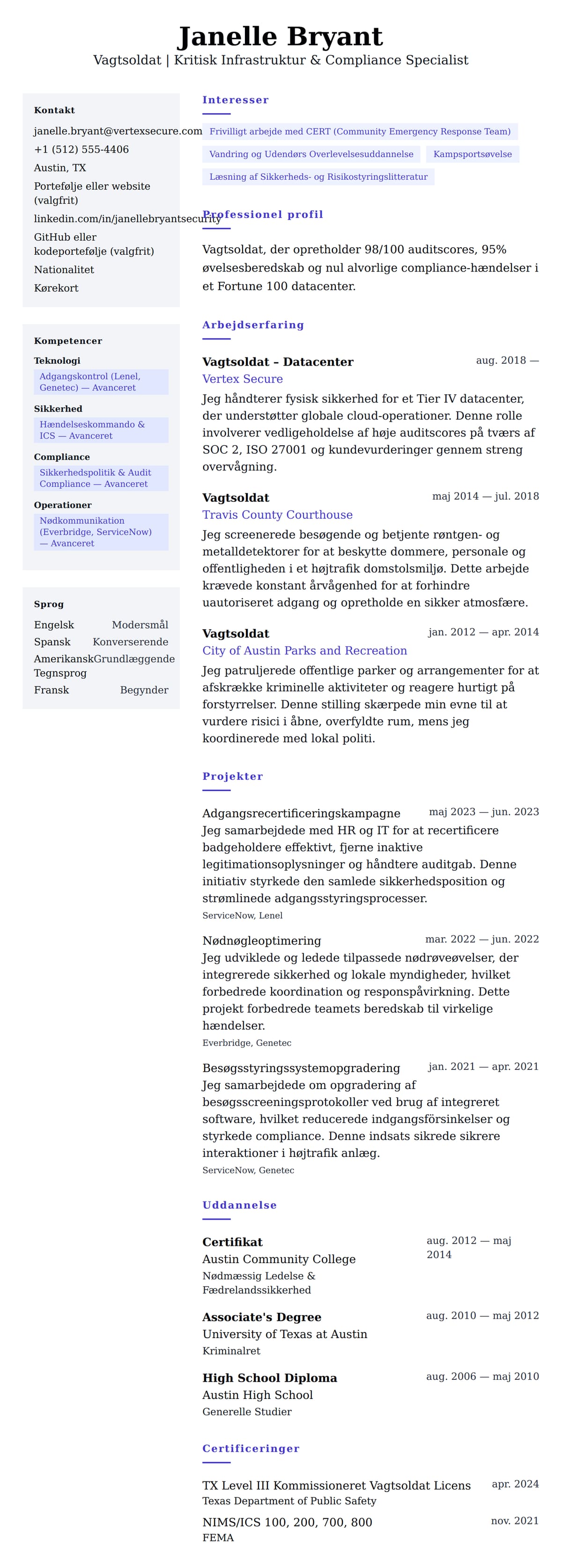 CV-forhåndsvisning for Vagtsoldat CV Eksempel