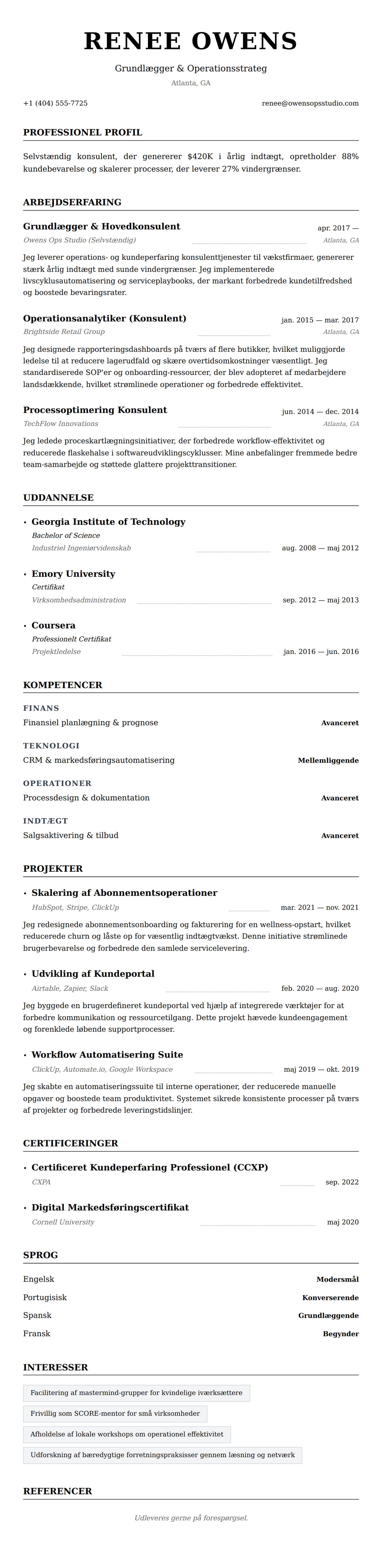 CV-forhåndsvisning for Eksempel på CV for Selvstændig Professionel