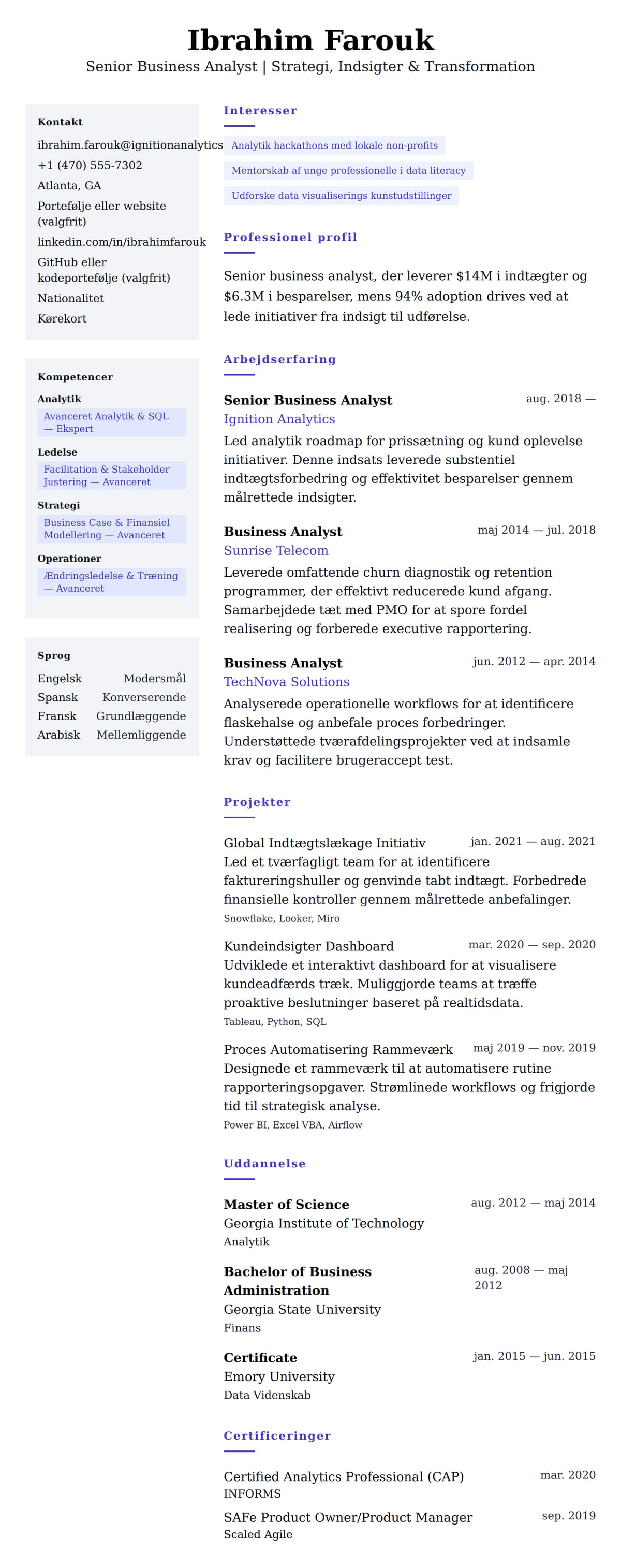 CV-forhåndsvisning for Senior Business Analyst CV Eksempel