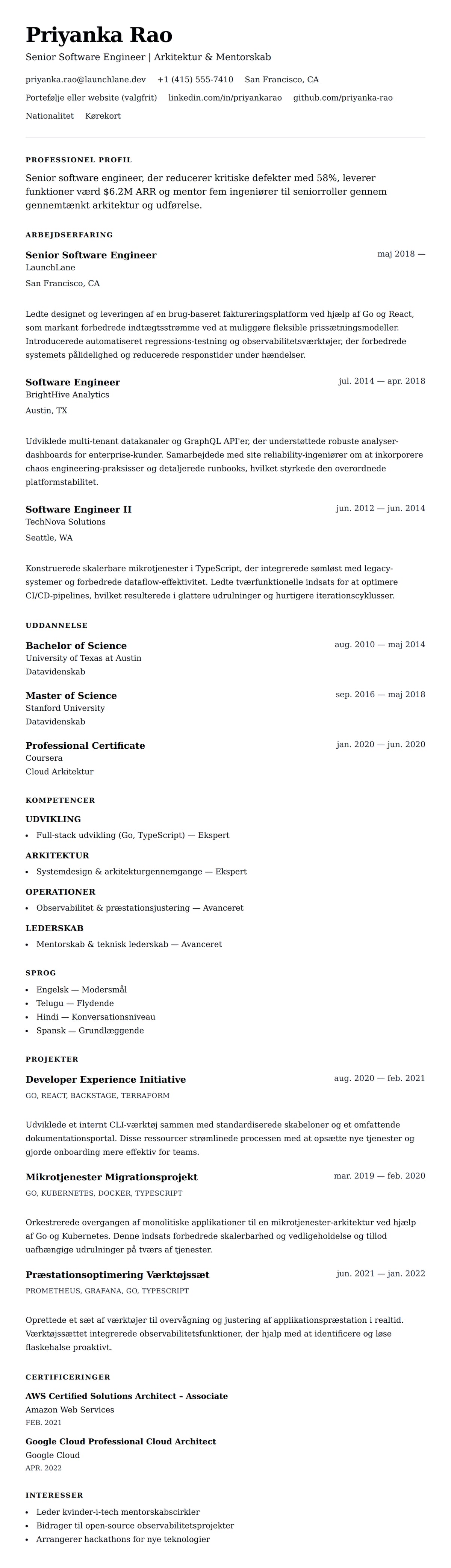 CV-forhåndsvisning for Senior Software Engineer CV Eksempel