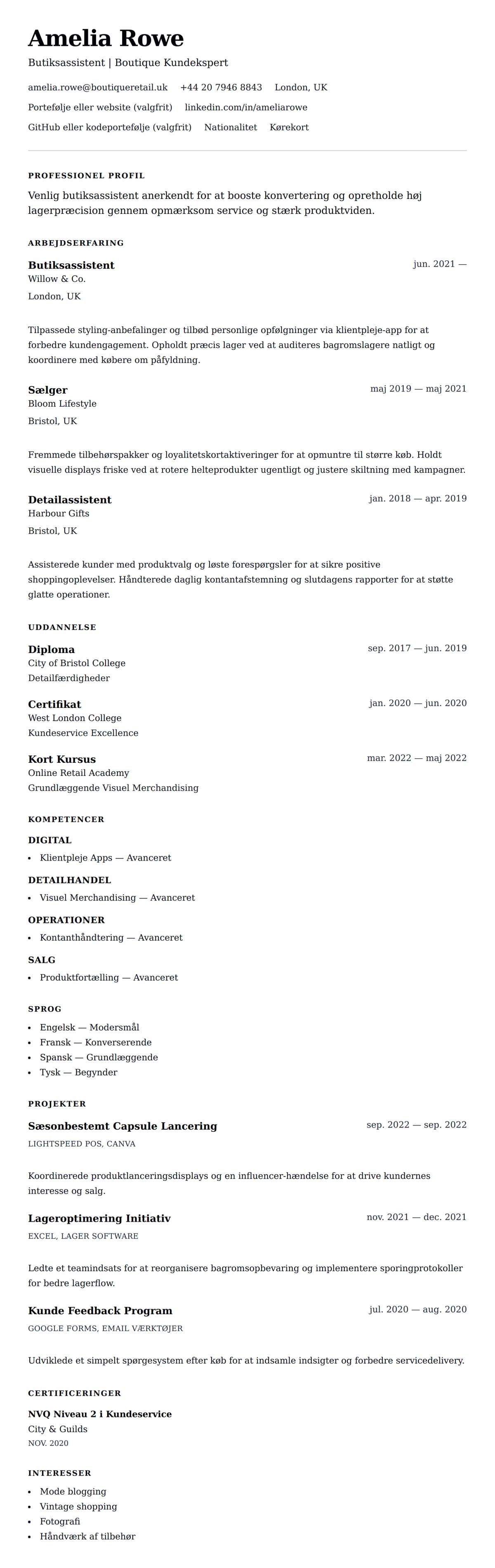 CV-forhåndsvisning for Butiksassistent CV Eksempel