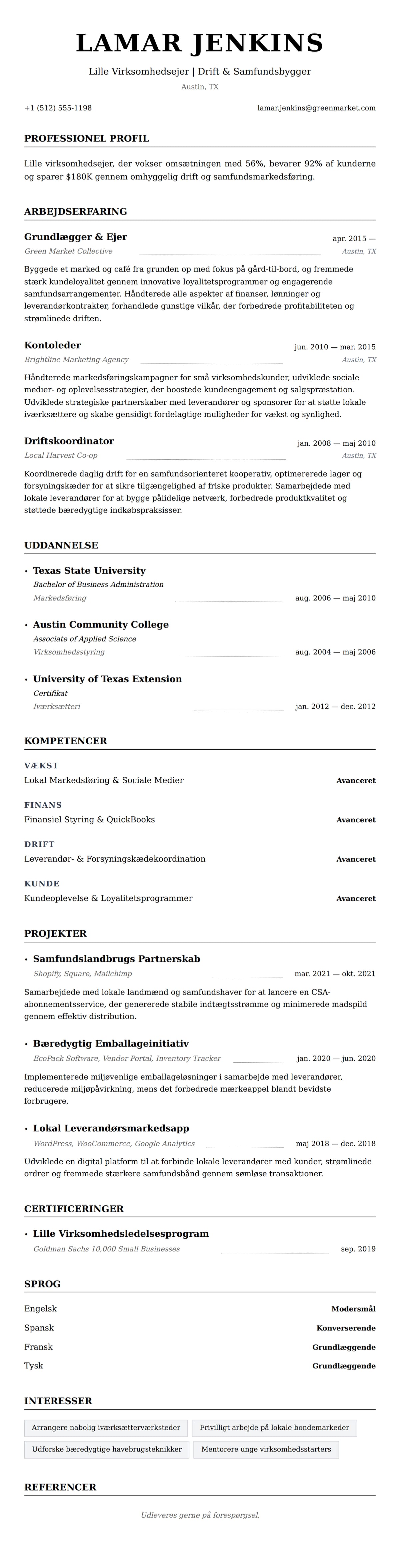 CV-forhåndsvisning for Eksempel på CV for Lille Virksomhedsejer