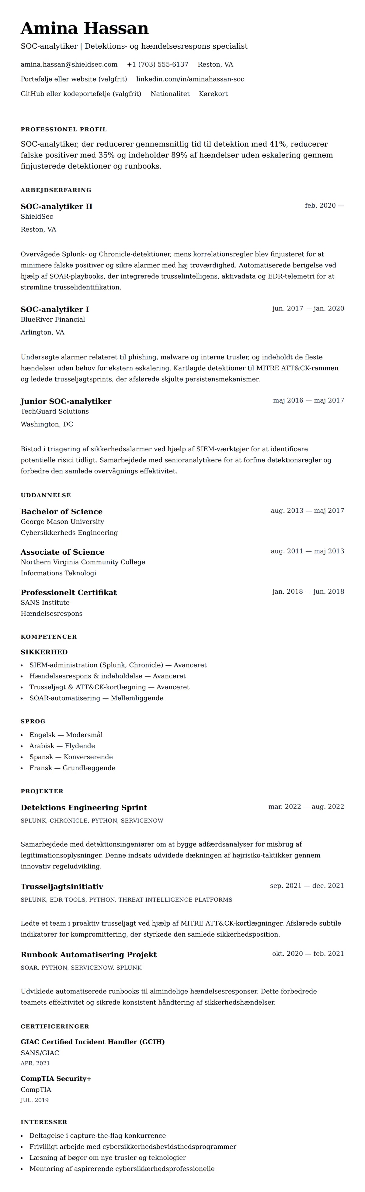 CV-forhåndsvisning for SOC-analytiker CV-eksempel