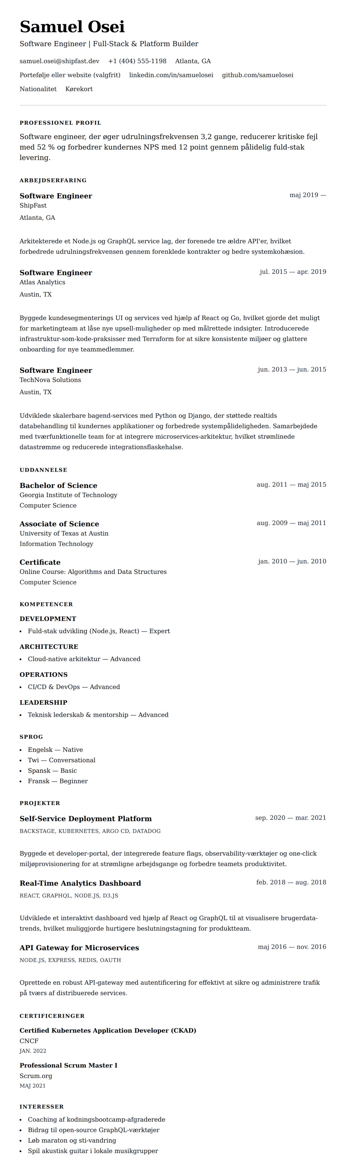 CV-forhåndsvisning for Software Engineer CV Eksempel