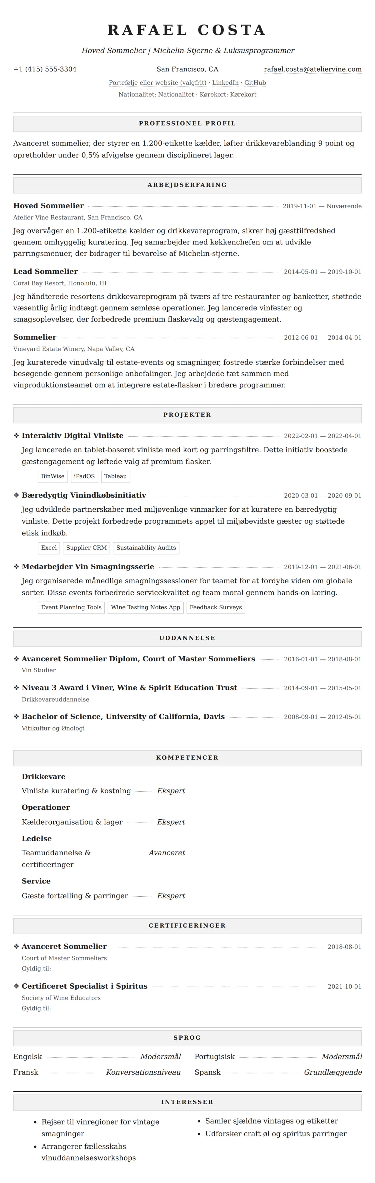 CV-forhåndsvisning for Sommelier CV Eksempel