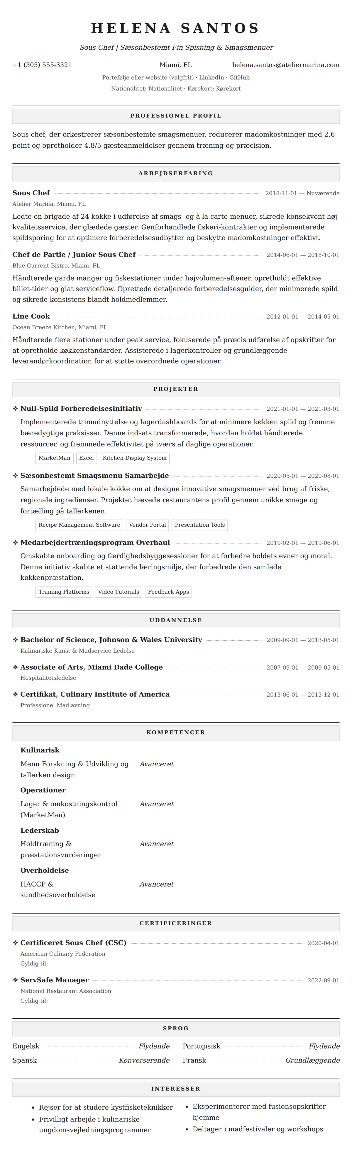 CV-forhåndsvisning for Sous Chef CV Eksempel