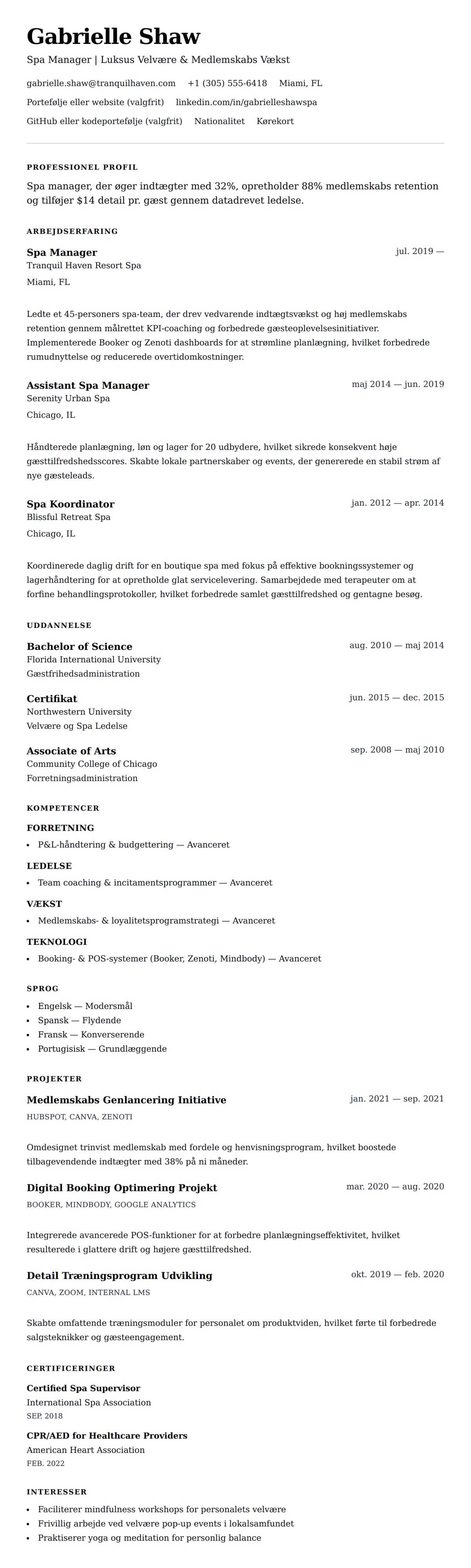 CV-forhåndsvisning for Spa Manager CV Eksempel