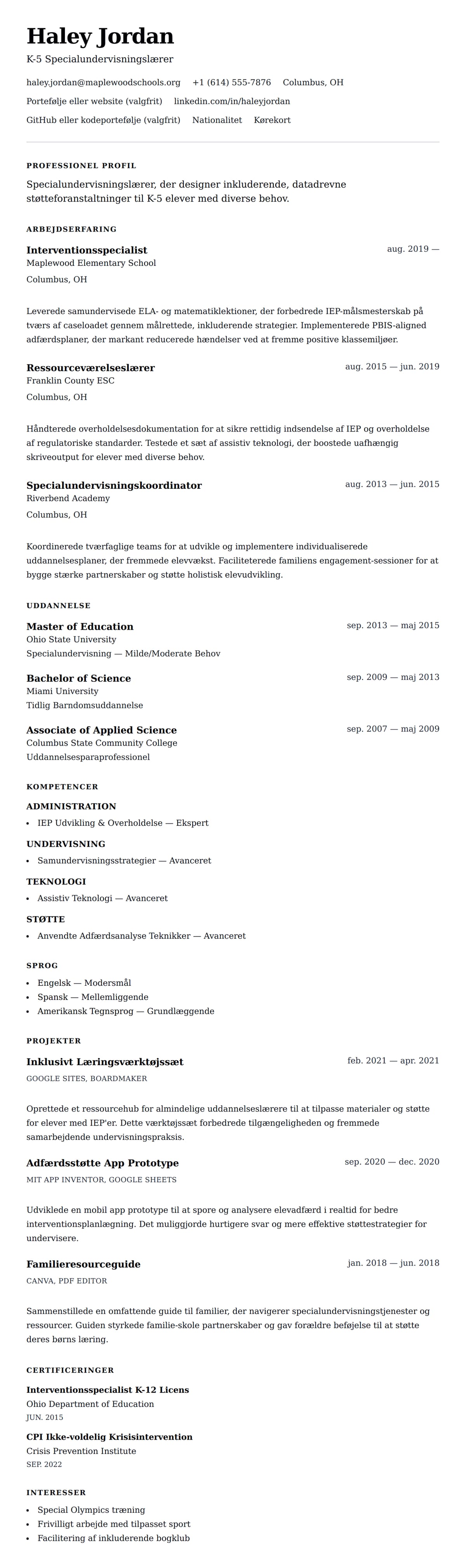 CV-forhåndsvisning for Specialundervisningslærer CV-eksempel