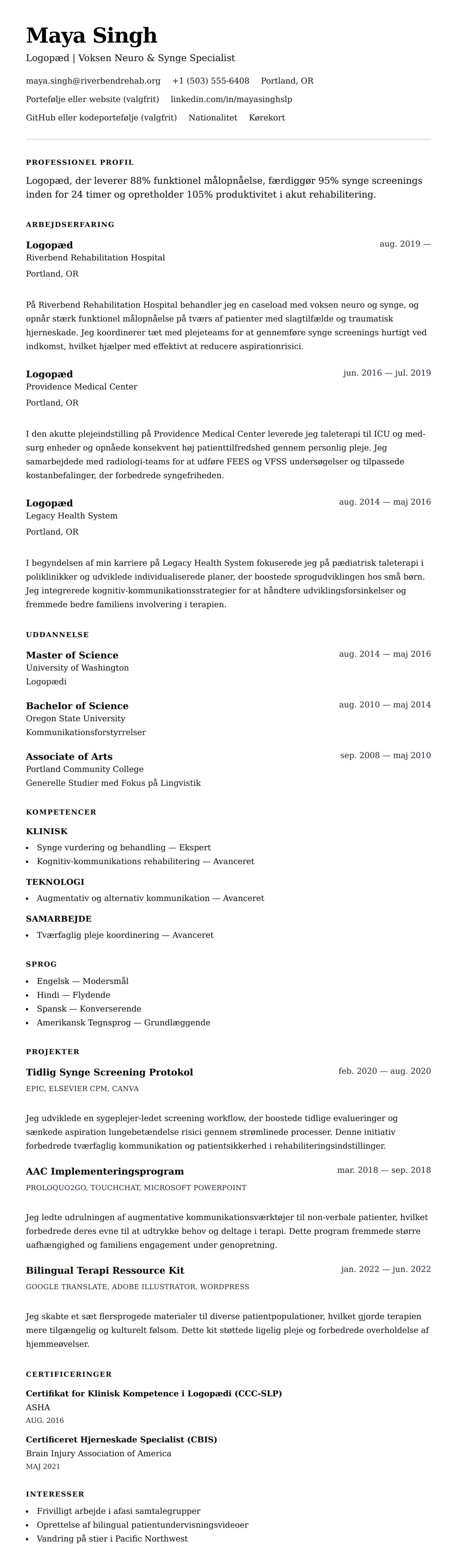 CV-forhåndsvisning for Logopæd (SLP) CV-eksempel