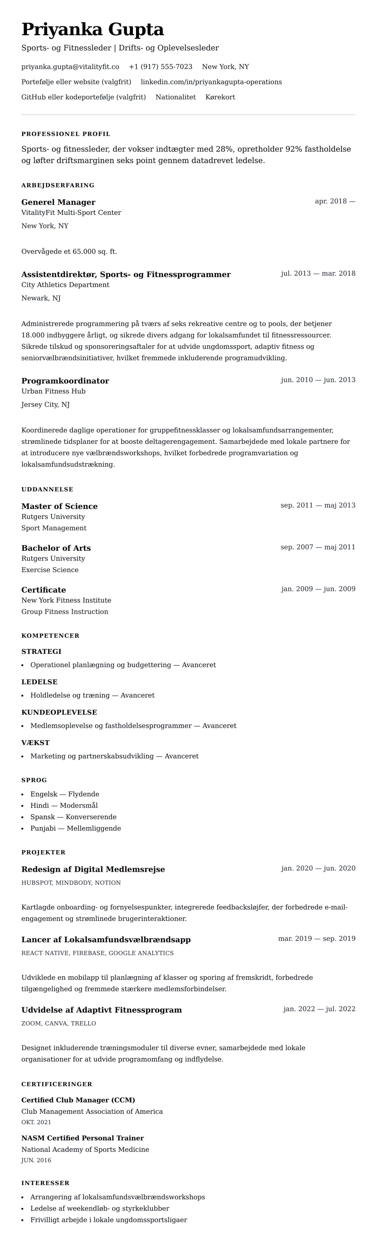 CV-forhåndsvisning for Sports- og Fitnessleder CV Eksempel