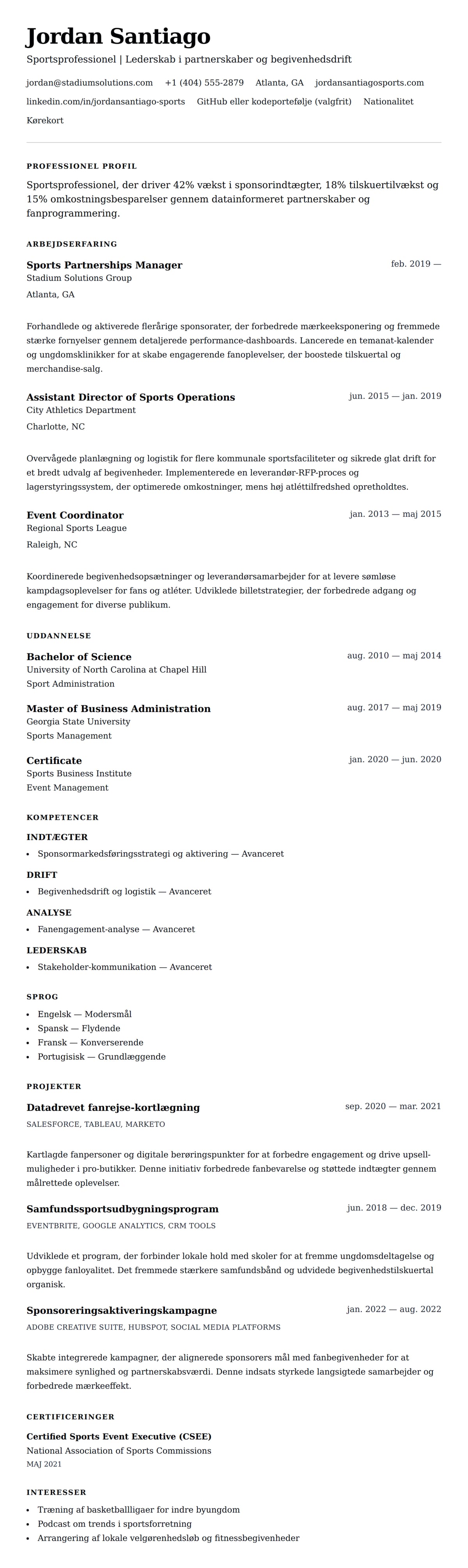 CV-forhåndsvisning for Sportsprofessionel CV-eksempel