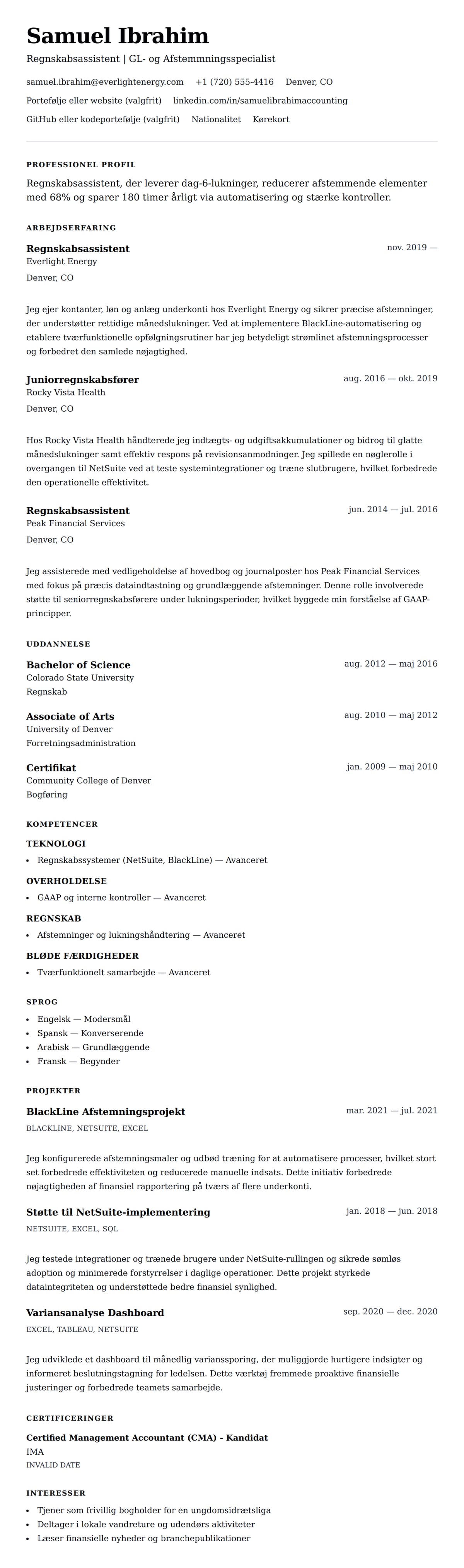 CV-forhåndsvisning for Eksempel på CV for Regnskabsassistent