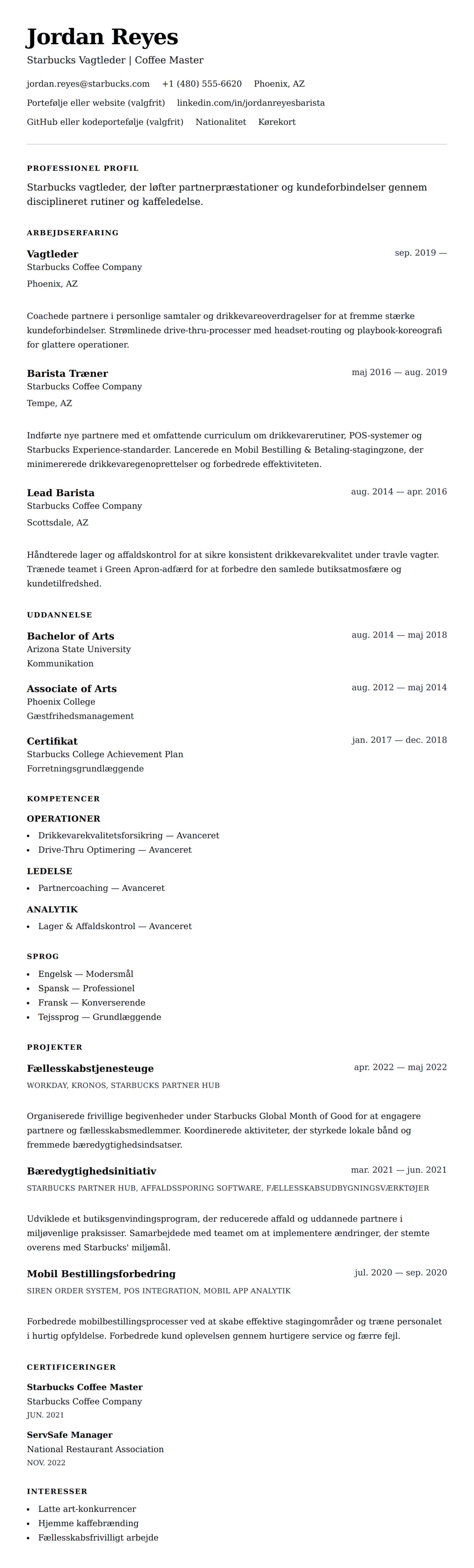 CV-forhåndsvisning for Starbucks Vagtleder CV Eksempel