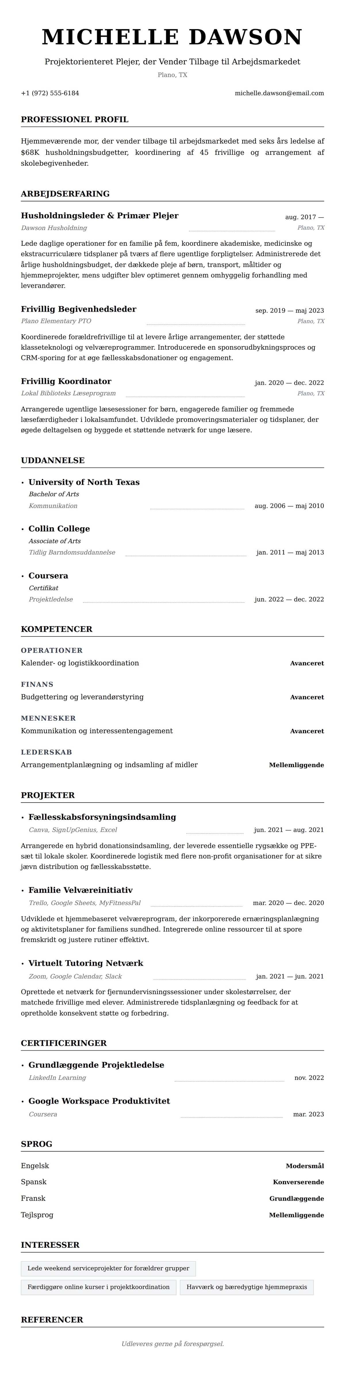 CV-forhåndsvisning for Eksempel på CV for Hjemmeværende Mor