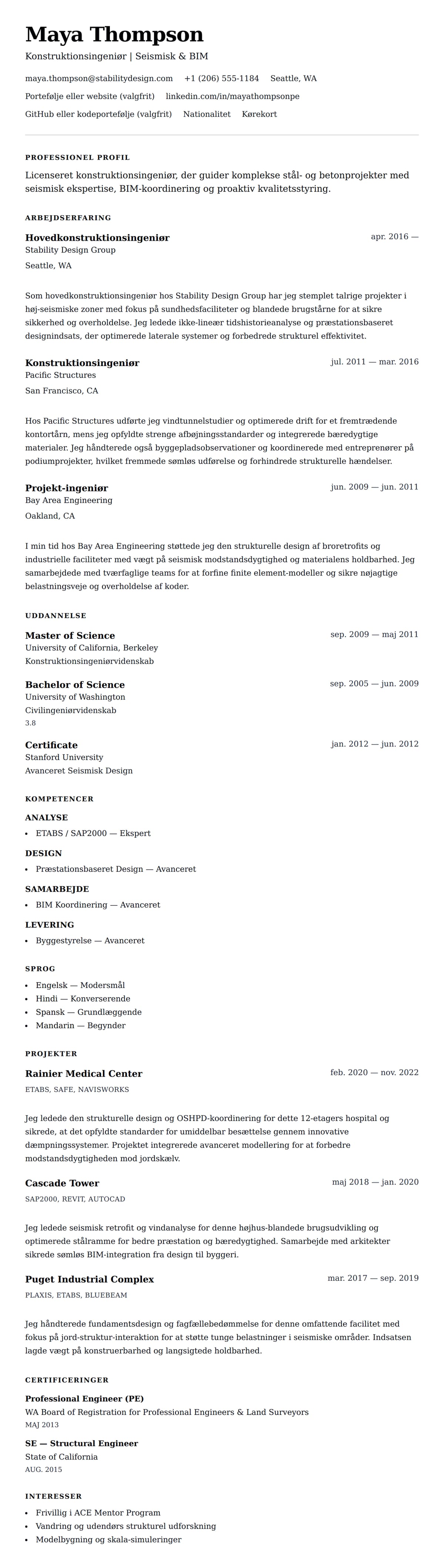 CV-forhåndsvisning for Eksempel på CV for konstruktionsingeniør