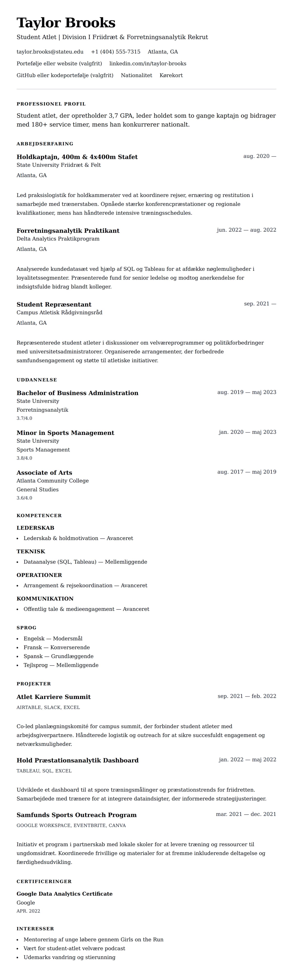 CV-forhåndsvisning for Student Atlet CV Eksempel