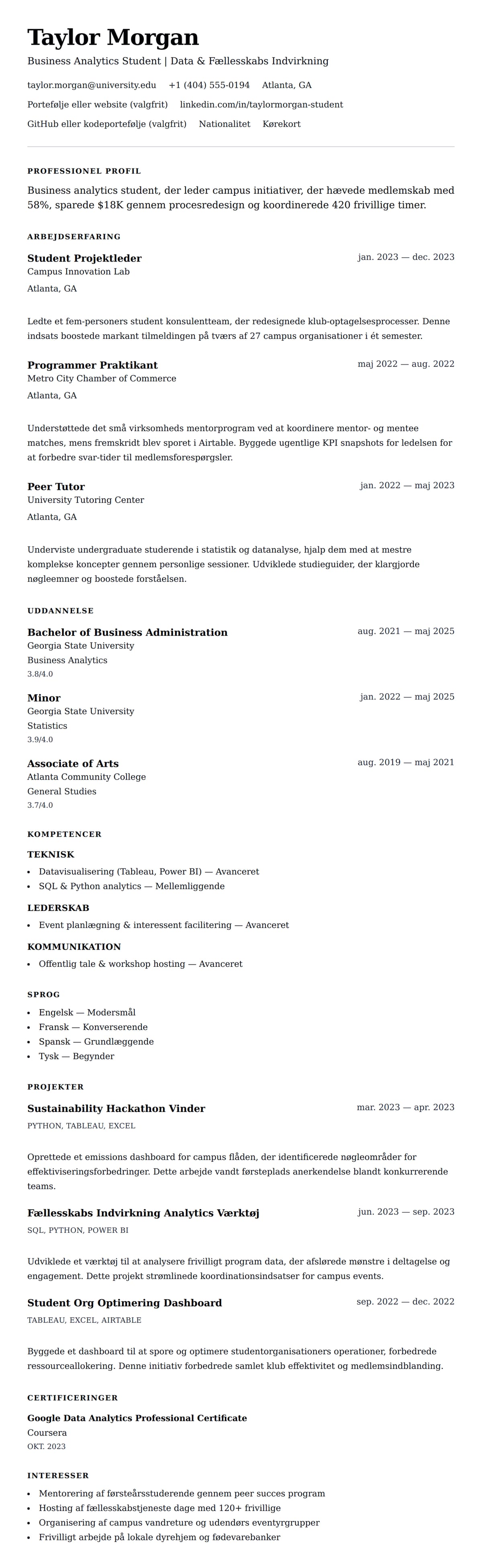 CV-forhåndsvisning for Student CV Eksempel