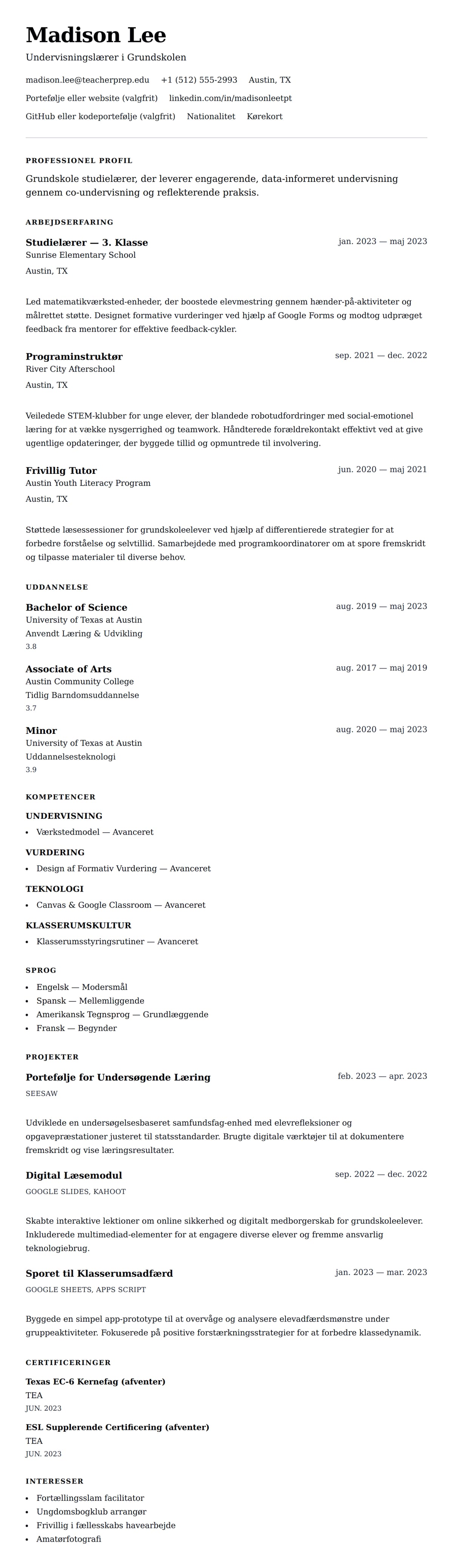 CV-forhåndsvisning for Studielærer CV Eksempel