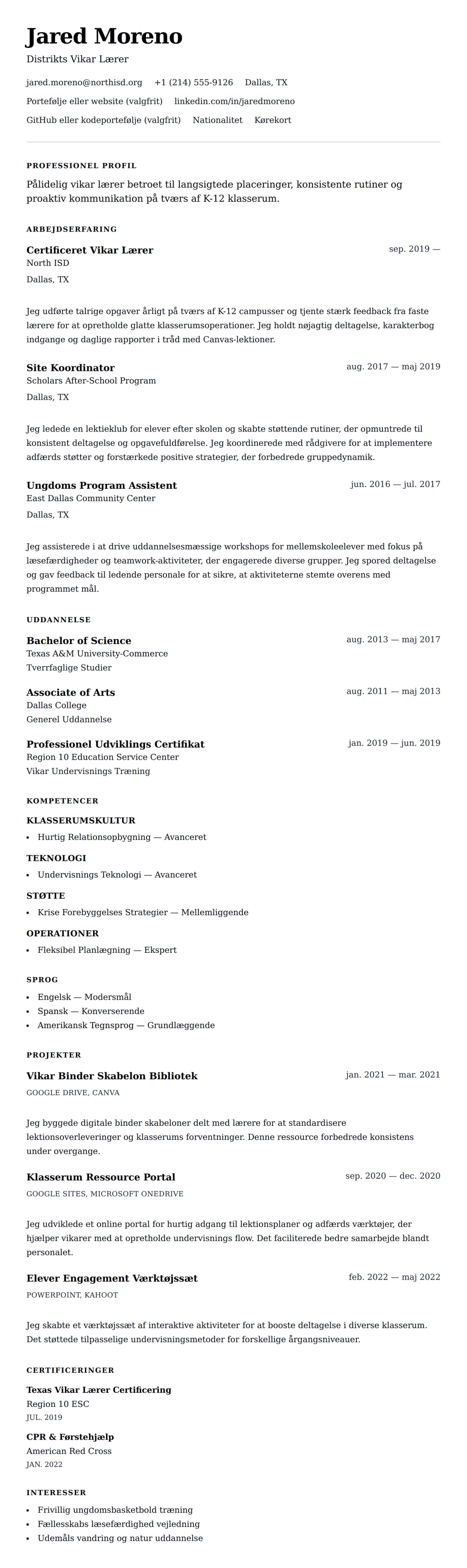 CV-forhåndsvisning for Vikar Lærer CV Eksempel