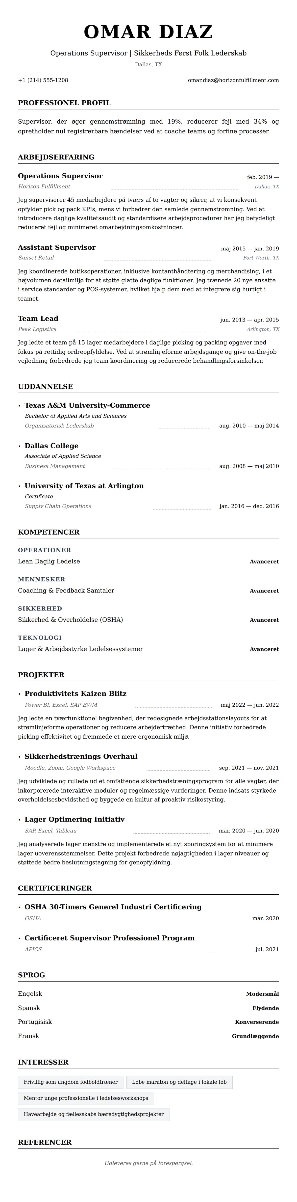 CV-forhåndsvisning for Supervisor CV Eksempel