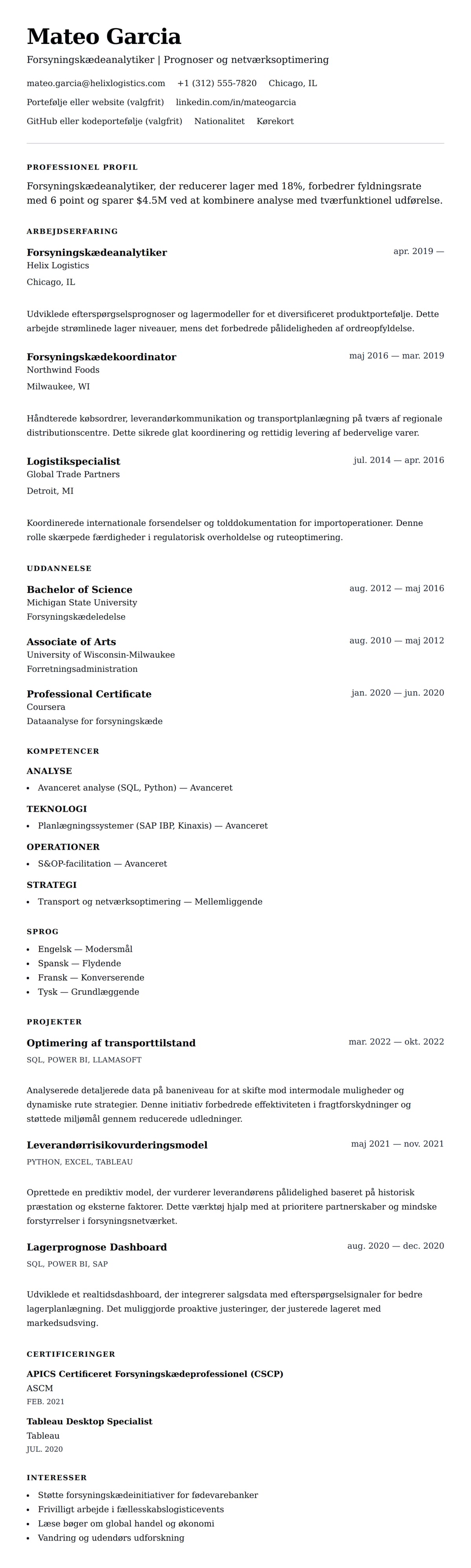 CV-forhåndsvisning for Forsyningskædeanalytiker CV-eksempel