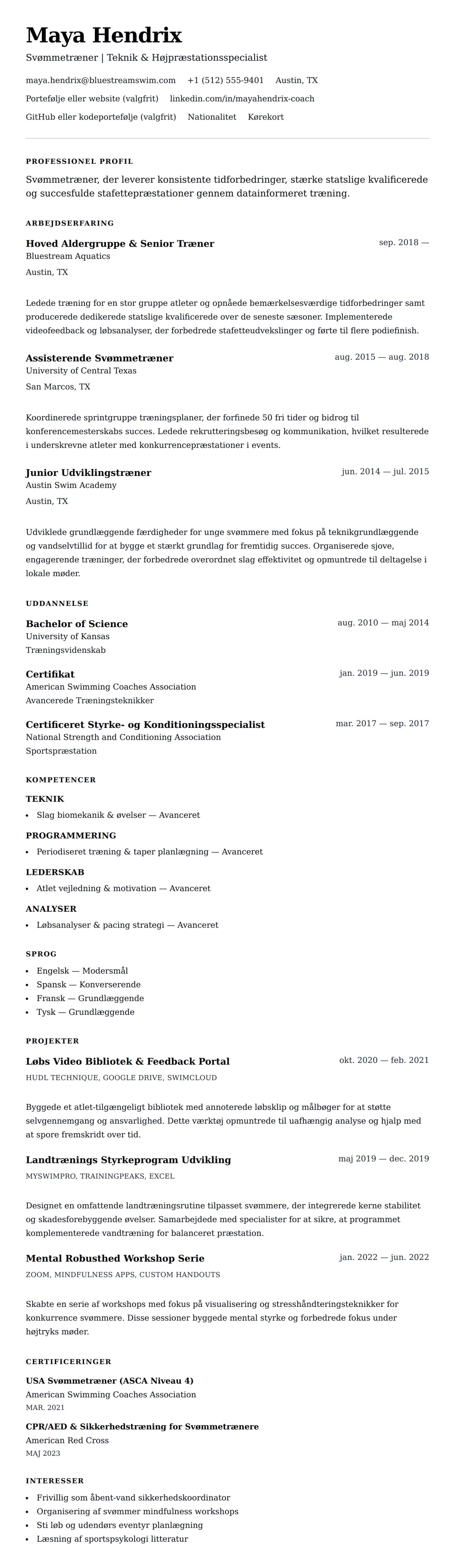 CV-forhåndsvisning for Svømmetræner CV Eksempel