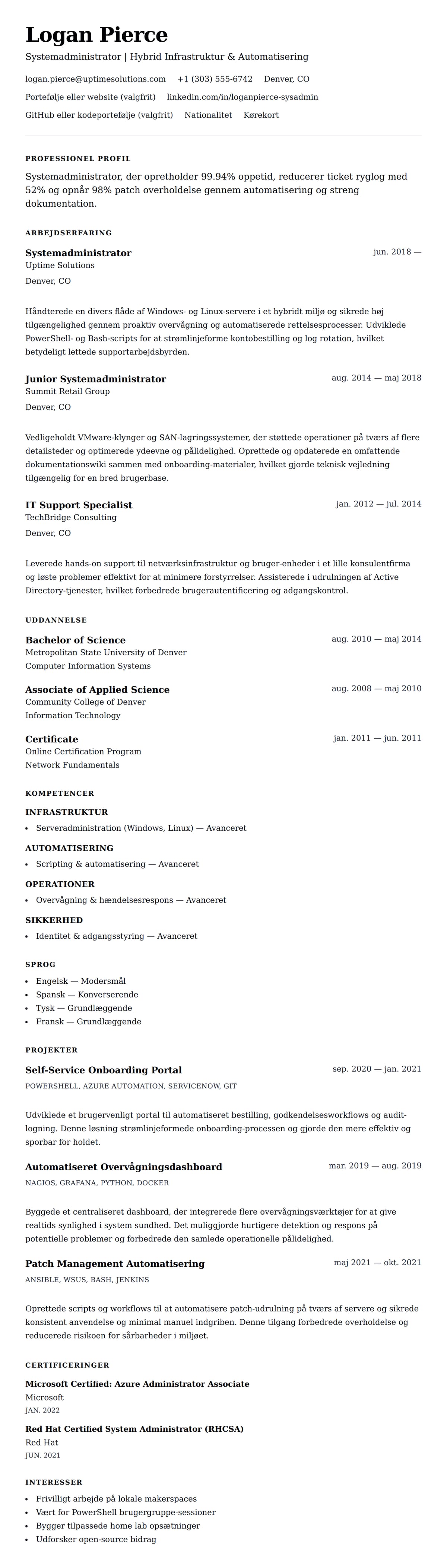 CV-forhåndsvisning for Systemadministrator CV Eksempel