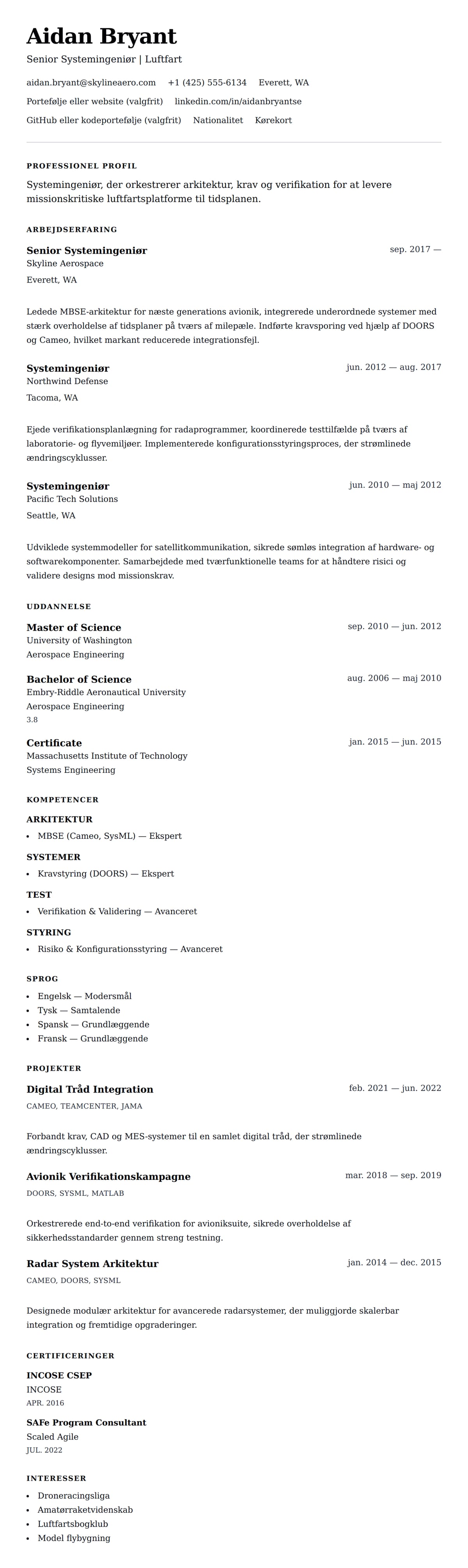 CV-forhåndsvisning for Systemingeniør CV Eksempel