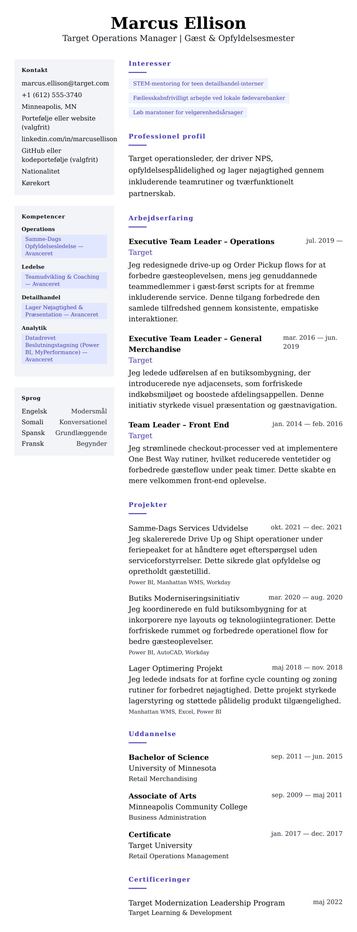 CV-forhåndsvisning for Target Operations Manager CV Eksempel