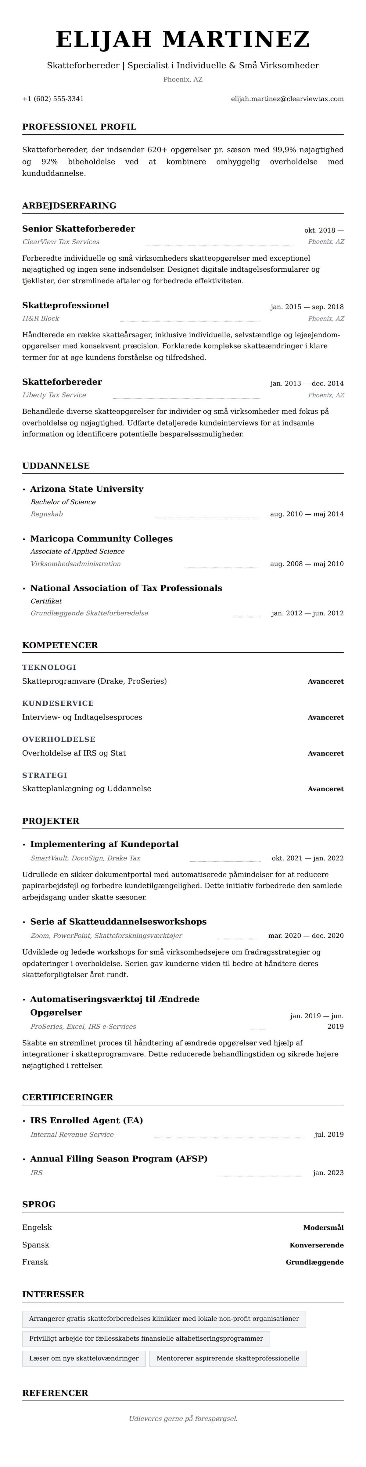 CV-forhåndsvisning for Eksempel på CV for Skatteforbereder