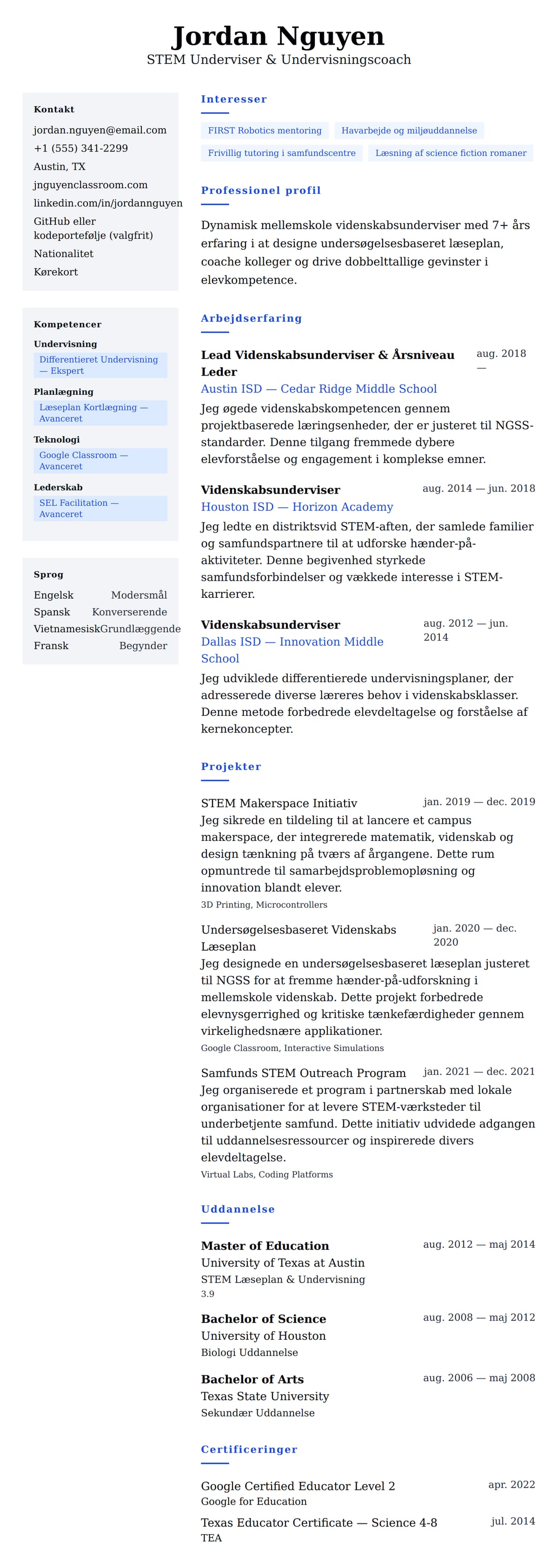 CV-forhåndsvisning for Lærer CV Eksempel