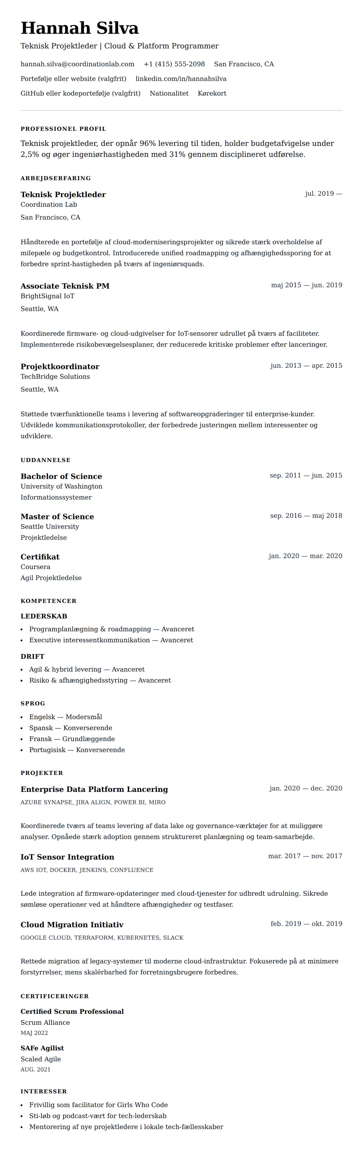 CV-forhåndsvisning for Eksempel på CV for Teknisk Projektleder