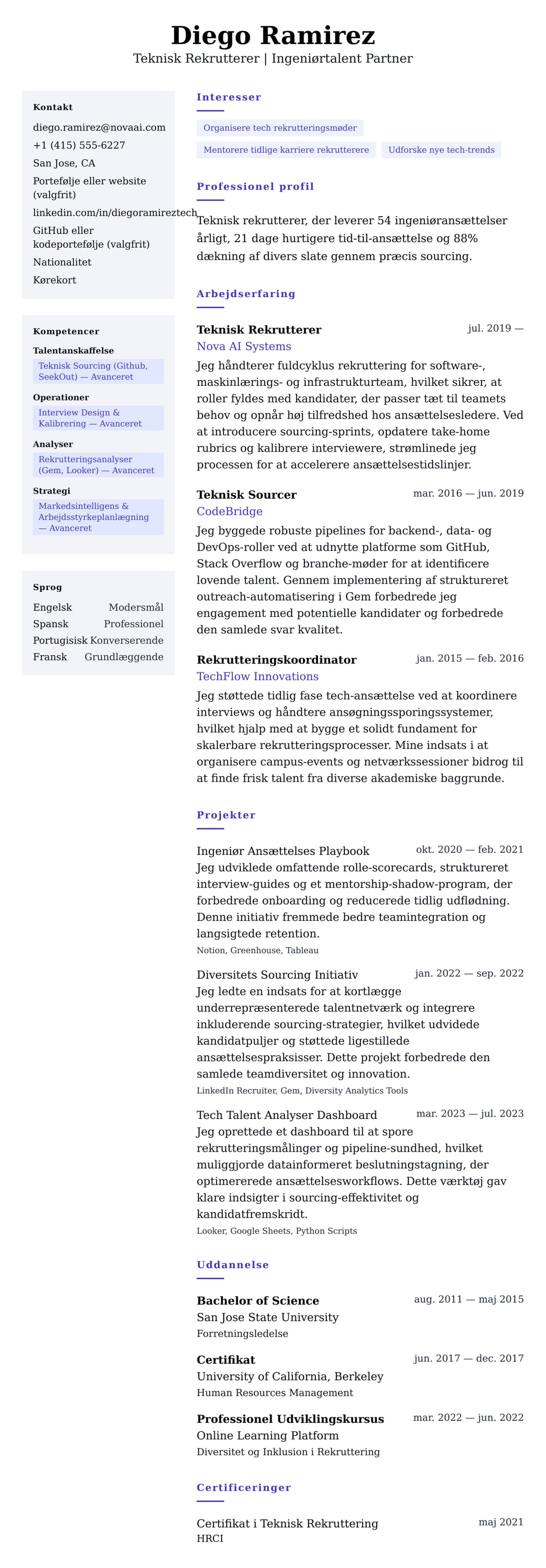 CV-forhåndsvisning for Eksempel på CV for Teknisk Rekrutterer