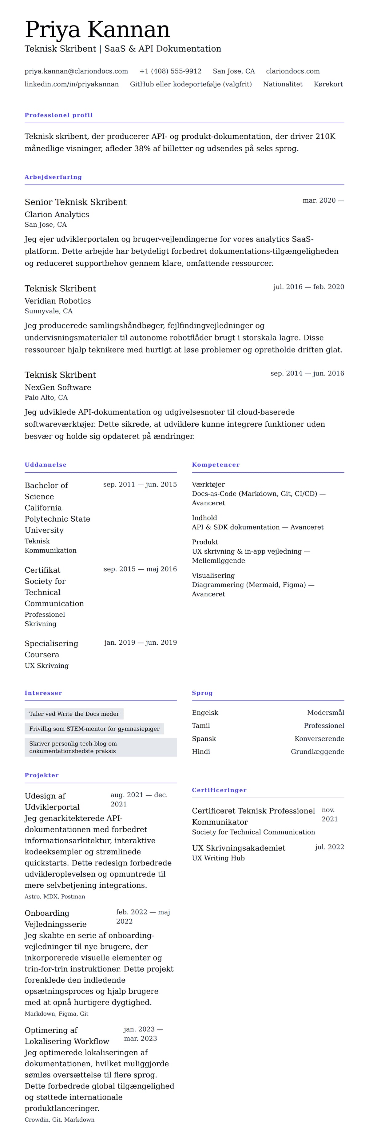 CV-forhåndsvisning for Teknisk Skribent CV Eksempel