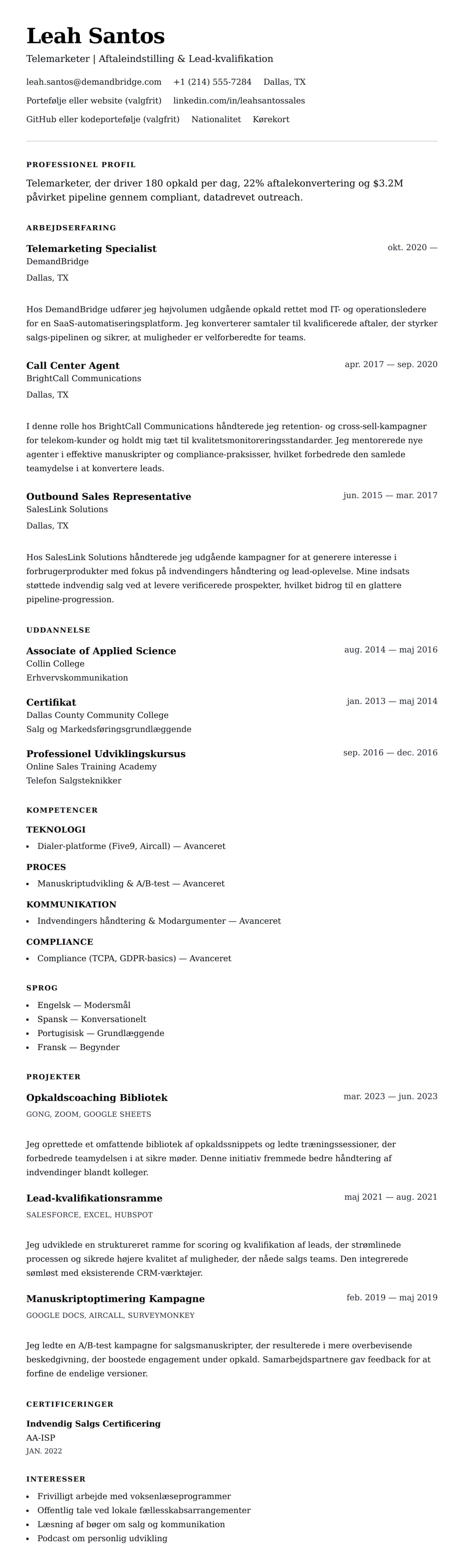 CV-forhåndsvisning for Telemarketer CV Eksempel