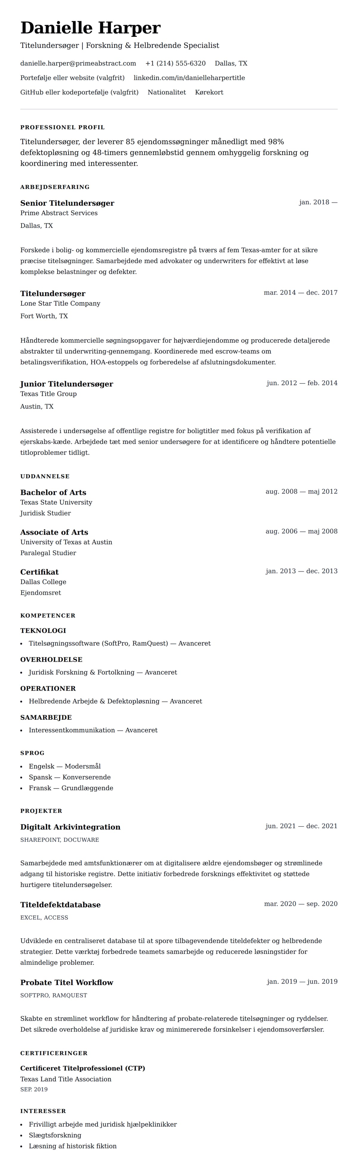 CV-forhåndsvisning for Titelundersøger CV Eksempel