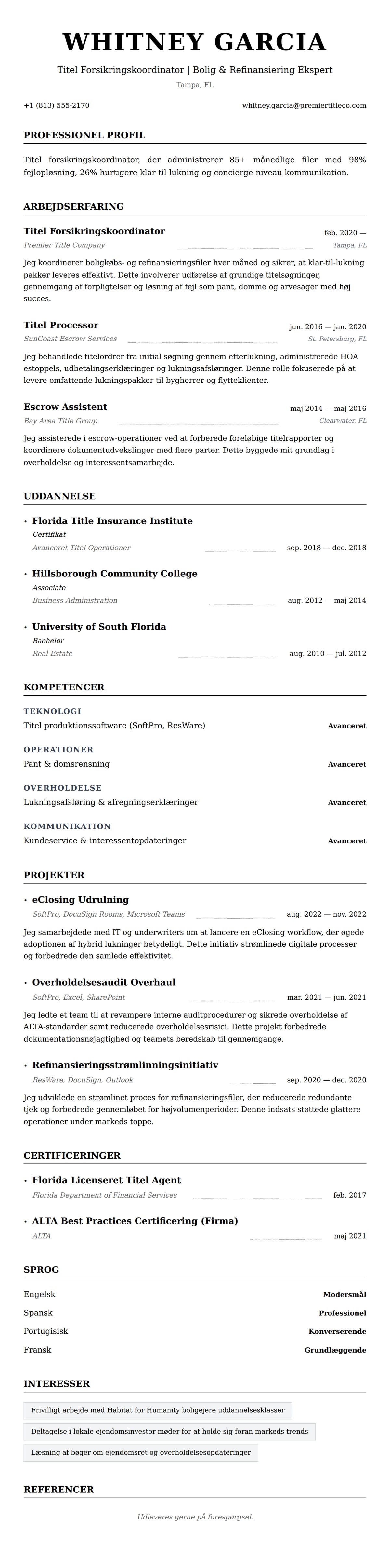 CV-forhåndsvisning for Titel Forsikringskoordinator CV Eksempel